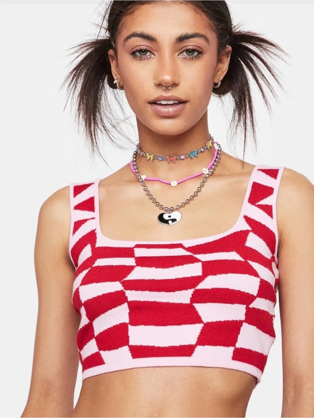 Pretty Garbage Red & Pink Geometric Knit Crop Top size S
